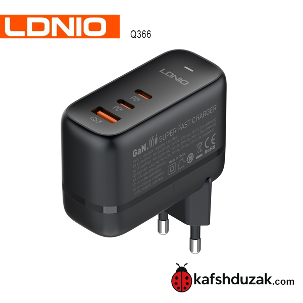 شارژر 65 وات GaN الدینیو LDNIO Q366 فست شارژ 3 پورت USB-C و USB-A