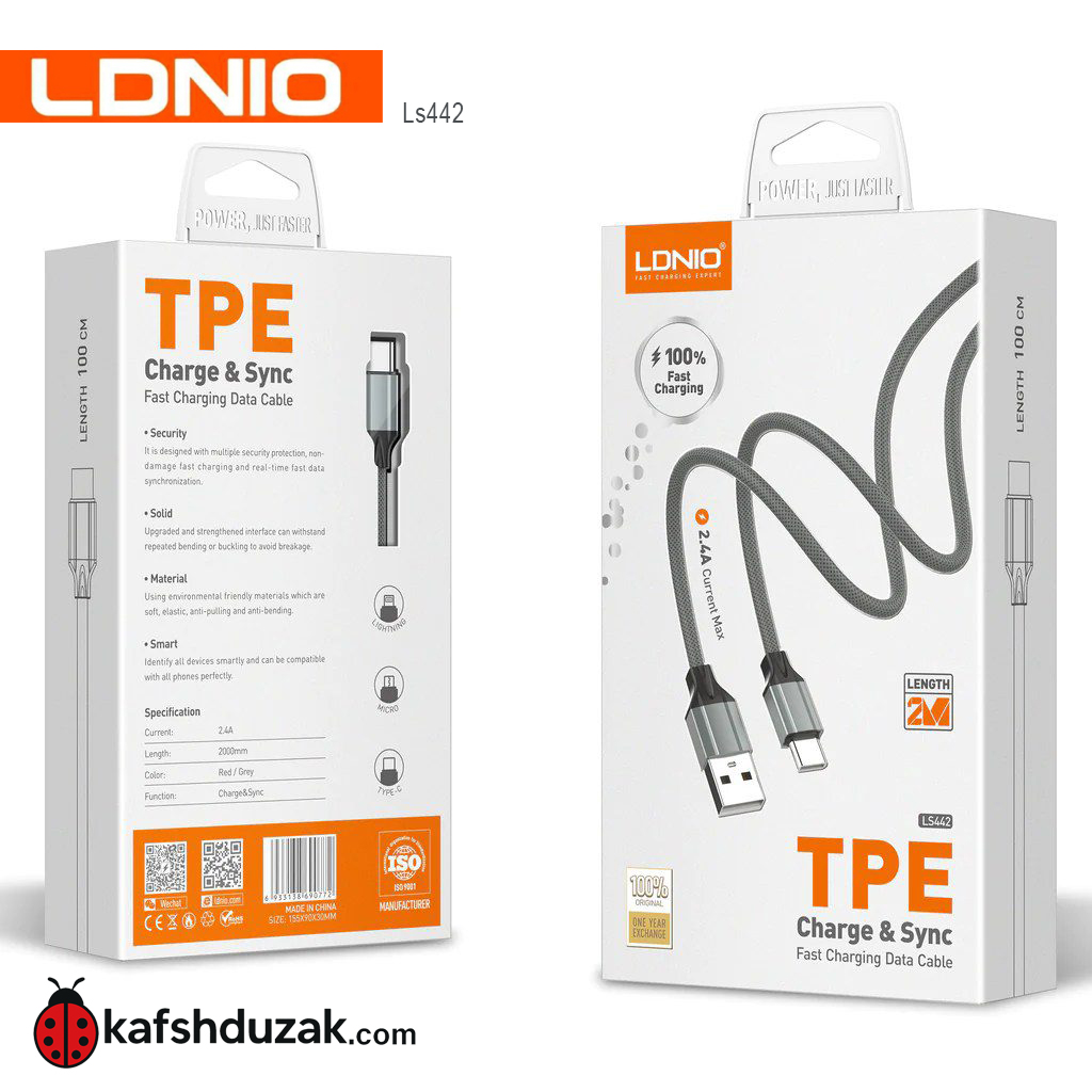کابل شارژ و انتقال داده LDNIO LS442 Type-C با طول 2 متر و جریان 2.4 آمپر